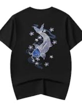 NIEPCE black tshirt features intricate blue koi fish embroidery 2XL black Unisex